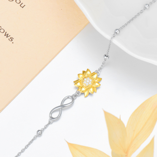 Sterling Silver Two-tone Sunflower & Infinity Symbol Pendant Bracelet-3
