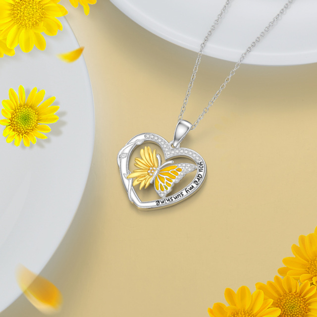 Sterling Silver Two-tone Zircon Butterfly & Sunflower & Heart Pendant Necklace with Engraved Word-3