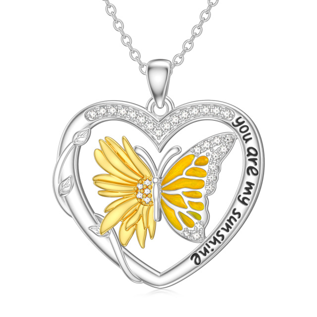 Sterling Silver Two-tone Zircon Butterfly & Sunflower & Heart Pendant Necklace with Engraved Word-0