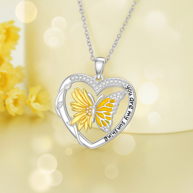 Sterling Silver Two-tone Zircon Butterfly & Sunflower & Heart Pendant Necklace with Engraved Word-2