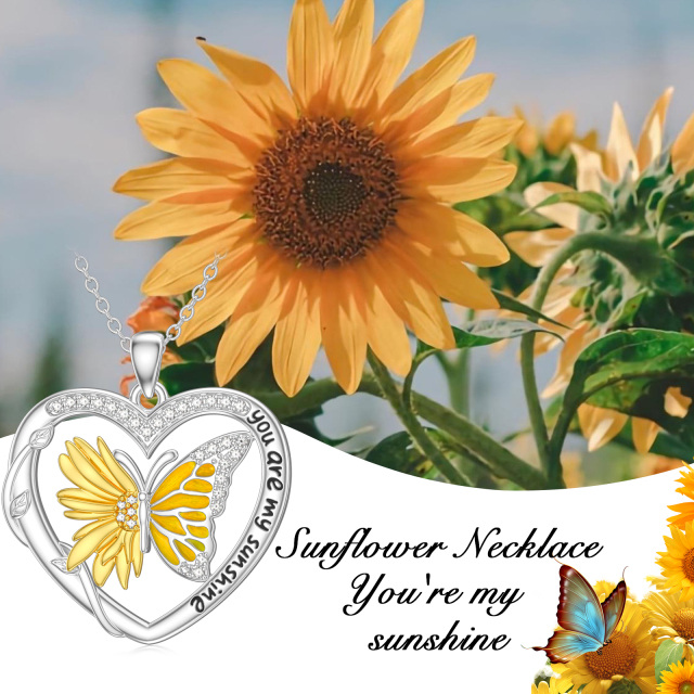 Sterling Silver Two-tone Zircon Butterfly & Sunflower & Heart Pendant Necklace with Engraved Word-5