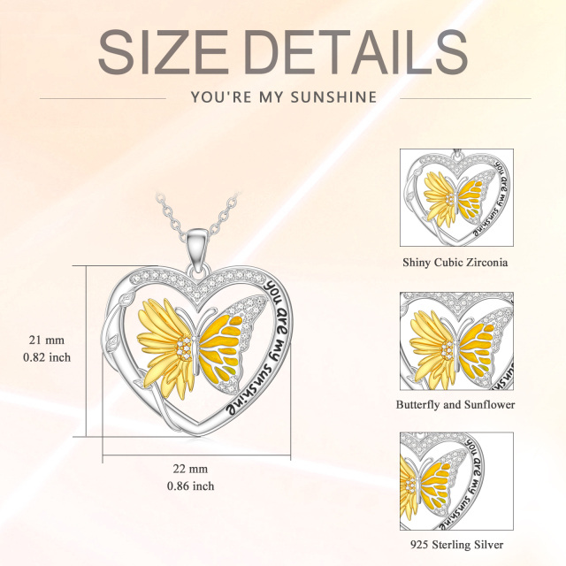 Sterling Silver Two-tone Zircon Butterfly & Sunflower & Heart Pendant Necklace with Engraved Word-4