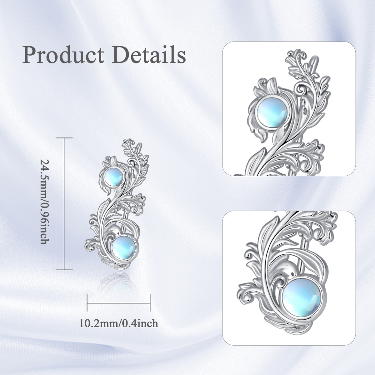 Sterling Silver Round Moonstone Filigree Climber Earrings-6