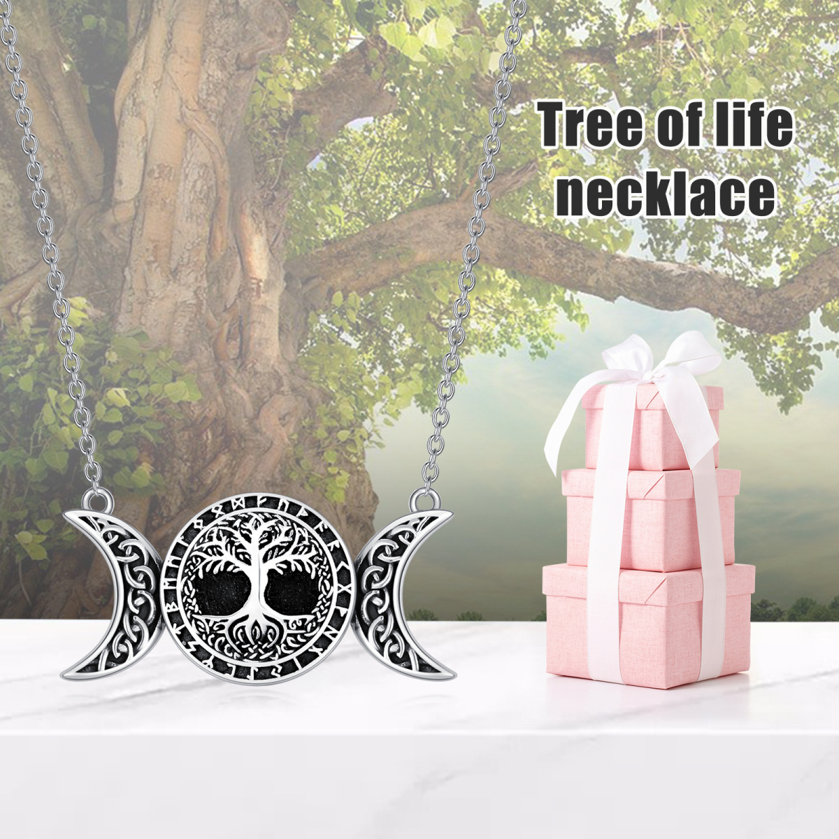 Sterling Silver Two-tone Tree Of Life & Moon Pendant Necklace-6