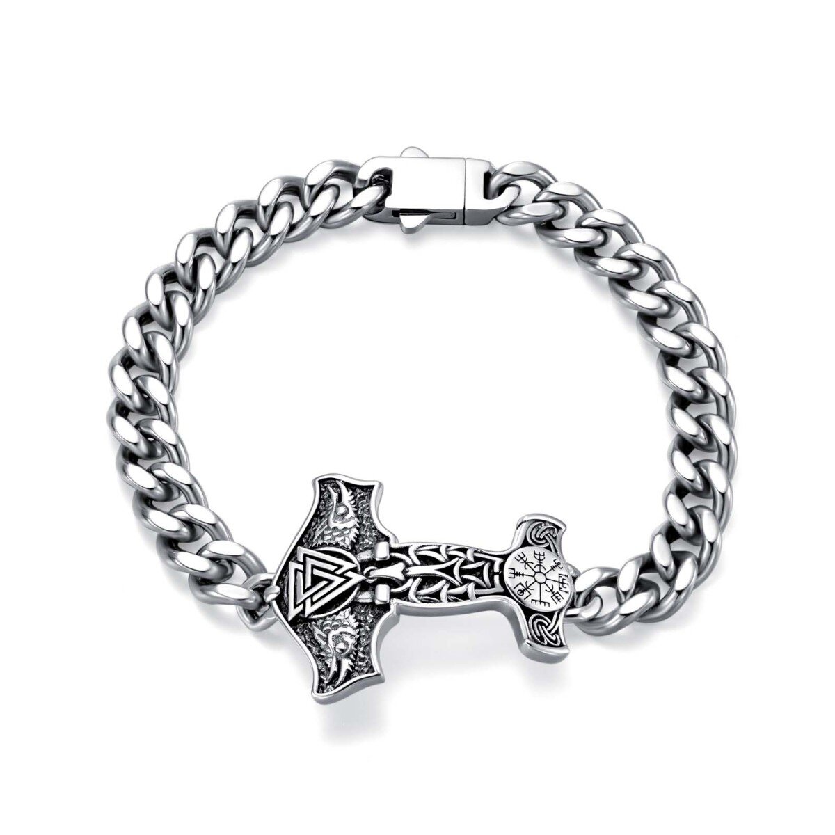 Sterling Silver Thor's Hammer Pendant Bracelet for Men-1