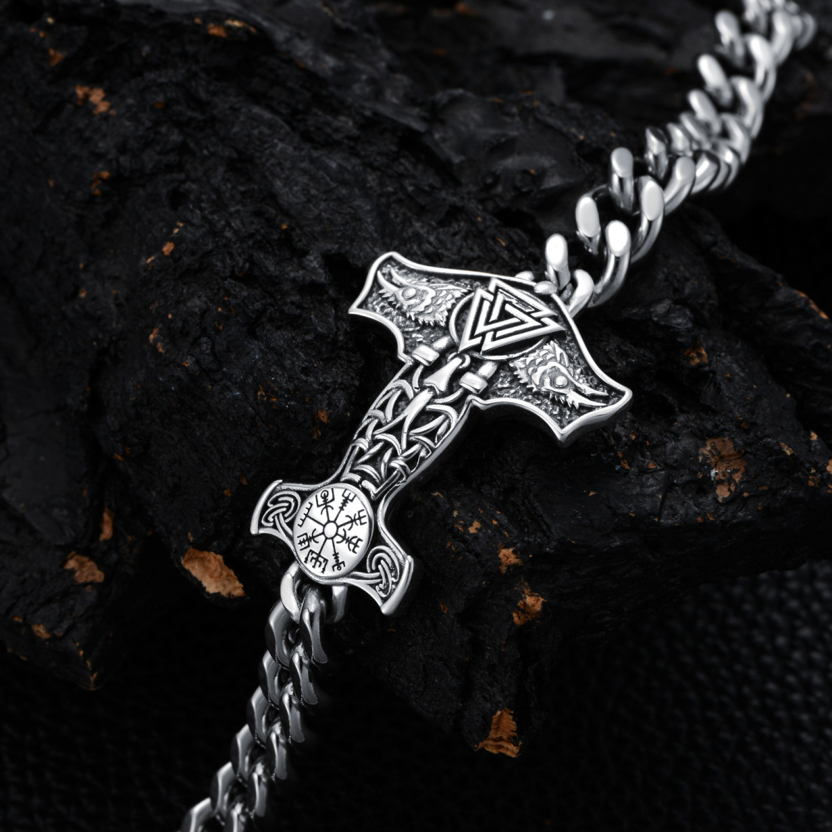 Sterling Silver Thor's Hammer Pendant Bracelet for Men-3