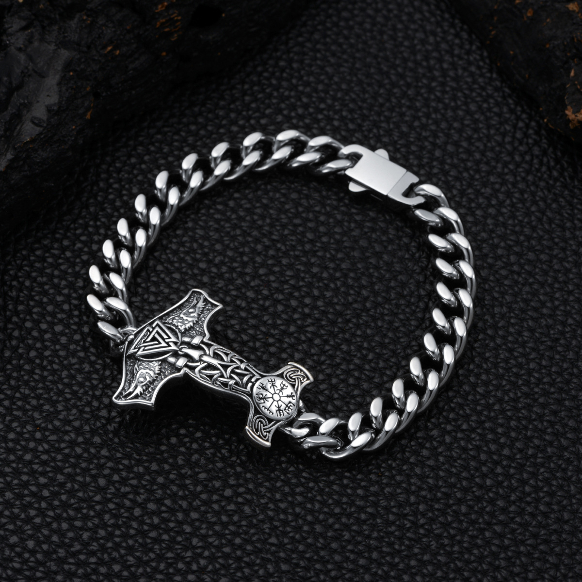 Sterling Silver Thor's Hammer Pendant Bracelet for Men-4