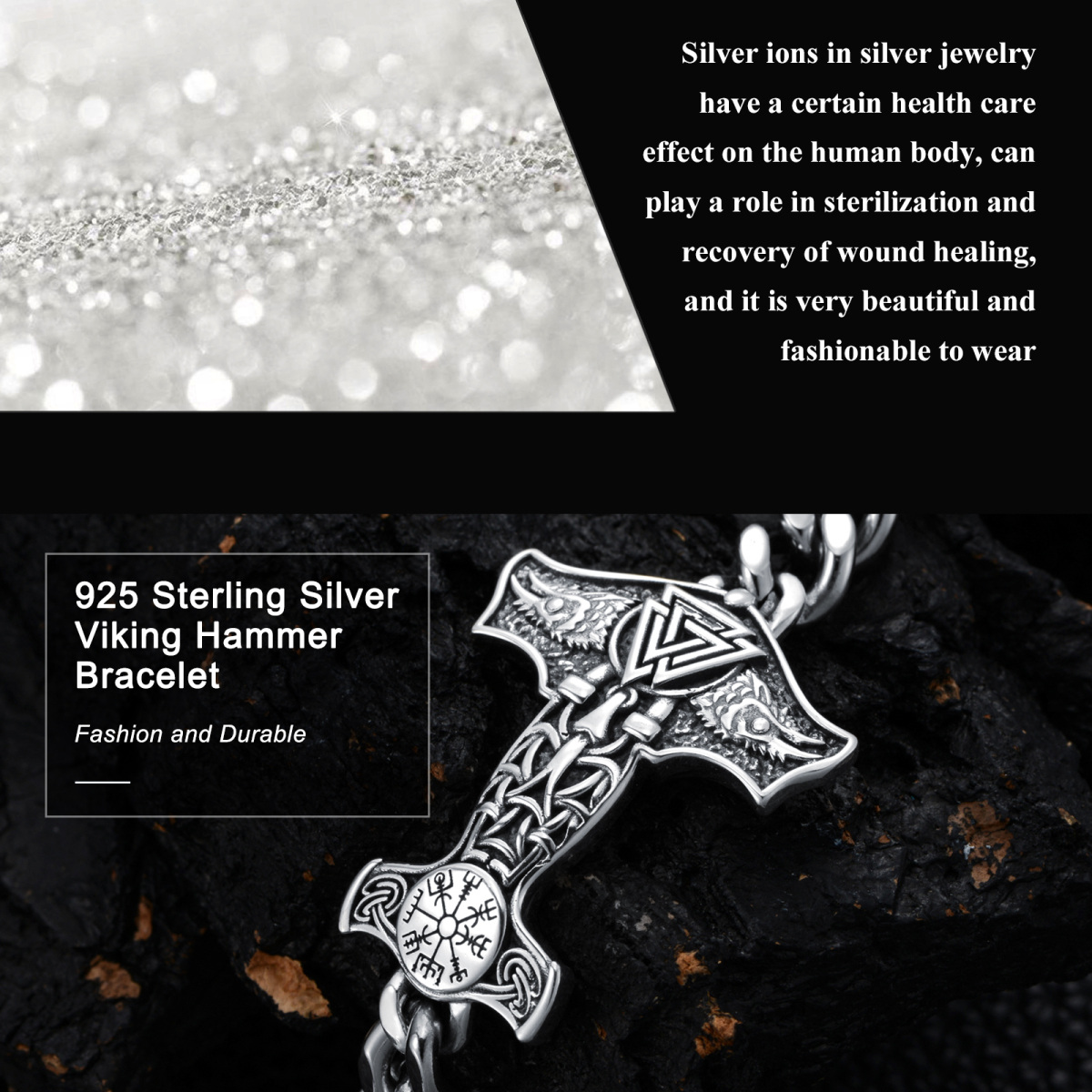 Sterling Silver Thor's Hammer Pendant Bracelet for Men-5