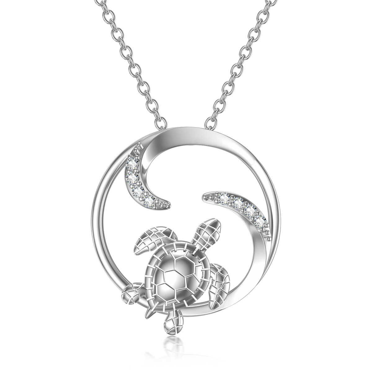 Sterling Silver Round Cubic Zirconia Turtle & Turtle Pendant Necklace-1