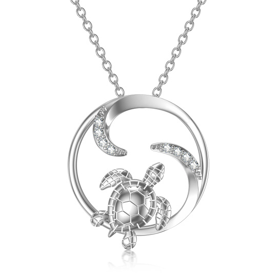 Sterling Silver Round Cubic Zirconia Turtle & Turtle Pendant Necklace