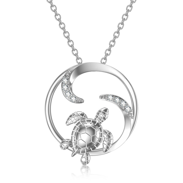Sterling Silver Round Cubic Zirconia Turtle & Turtle Pendant Necklace-0