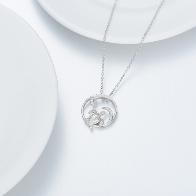 Sterling Silver Round Cubic Zirconia Turtle & Turtle Pendant Necklace-3