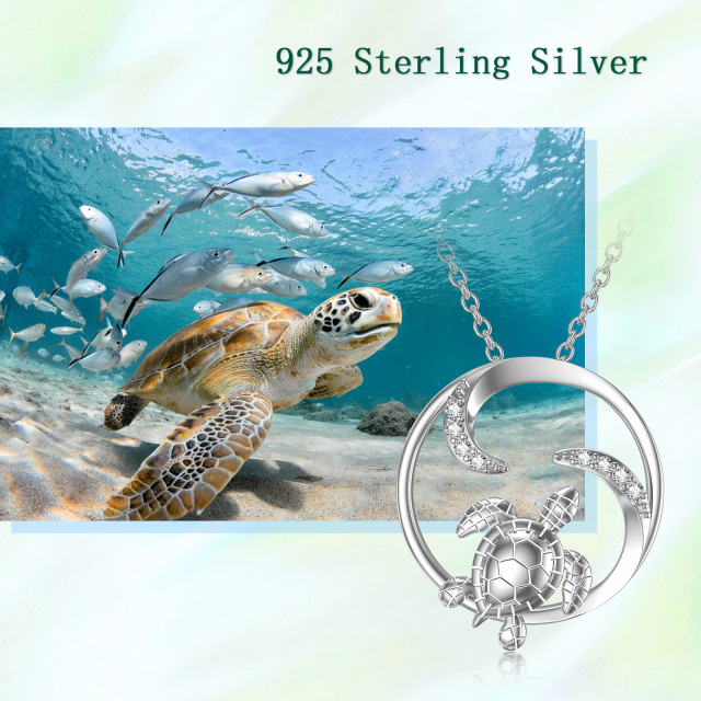 Sterling Silver Round Cubic Zirconia Turtle & Turtle Pendant Necklace-4