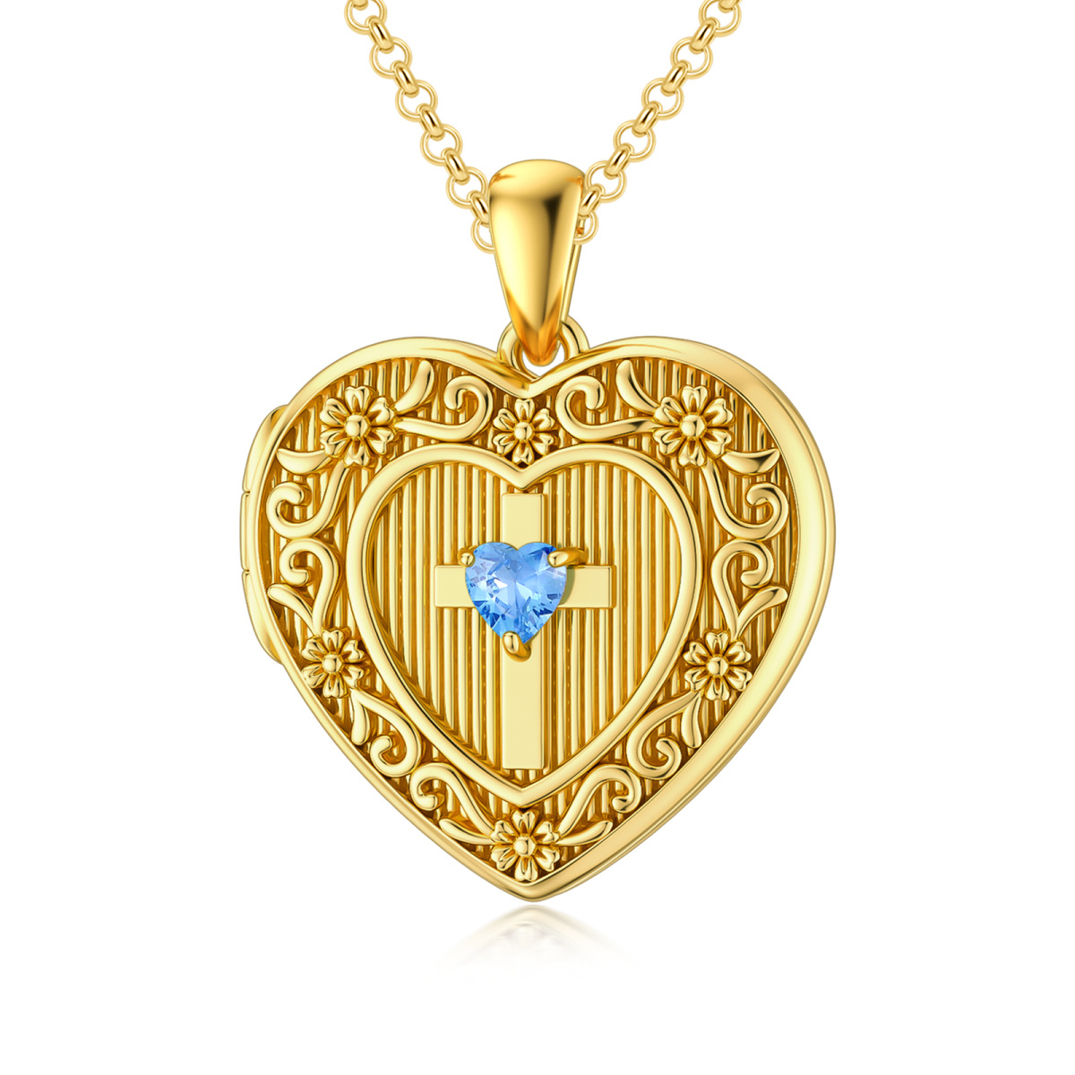 Sterling Silver with Yellow Gold Plated Heart Cubic Zirconia Cross & Heart Personalized Photo Locket Necklace-1