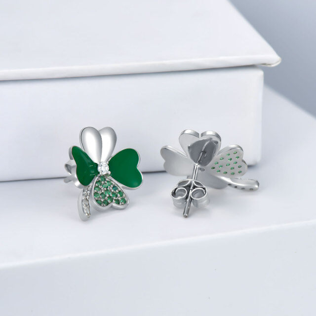 Boucles d'oreilles à tige en argent sterling et oxyde de zirconium, trèfle à quatre feuilles-4