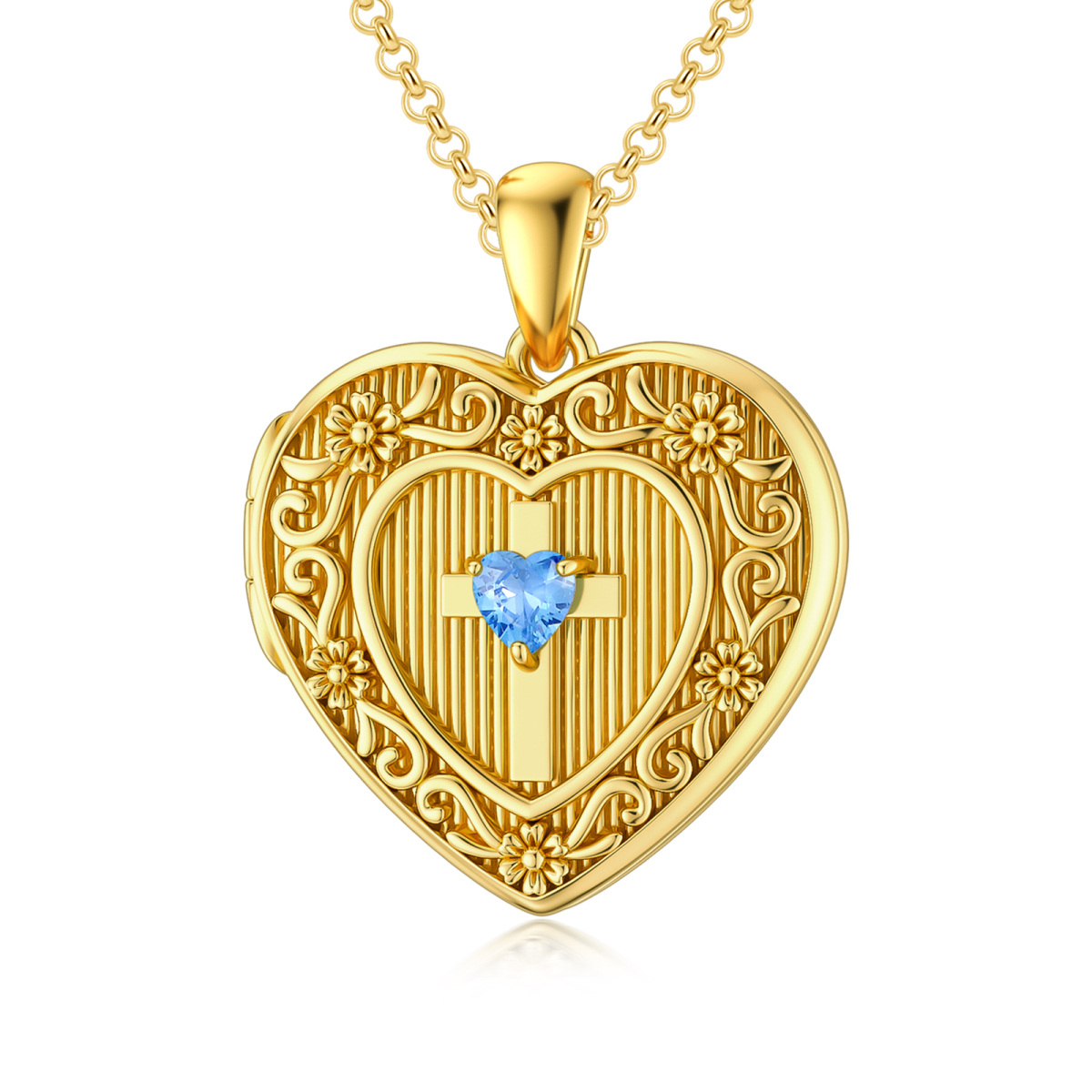 Sterling Silver with Yellow Gold Plated Heart Zircon Cross Personalized Photo Locket Necklace-1