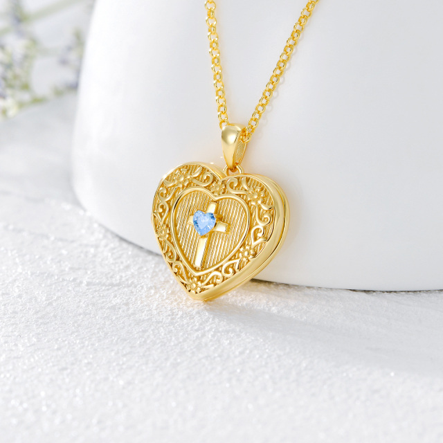 Sterling Silver with Yellow Gold Plated Heart Zircon Cross Personalized Photo Locket Necklace-2