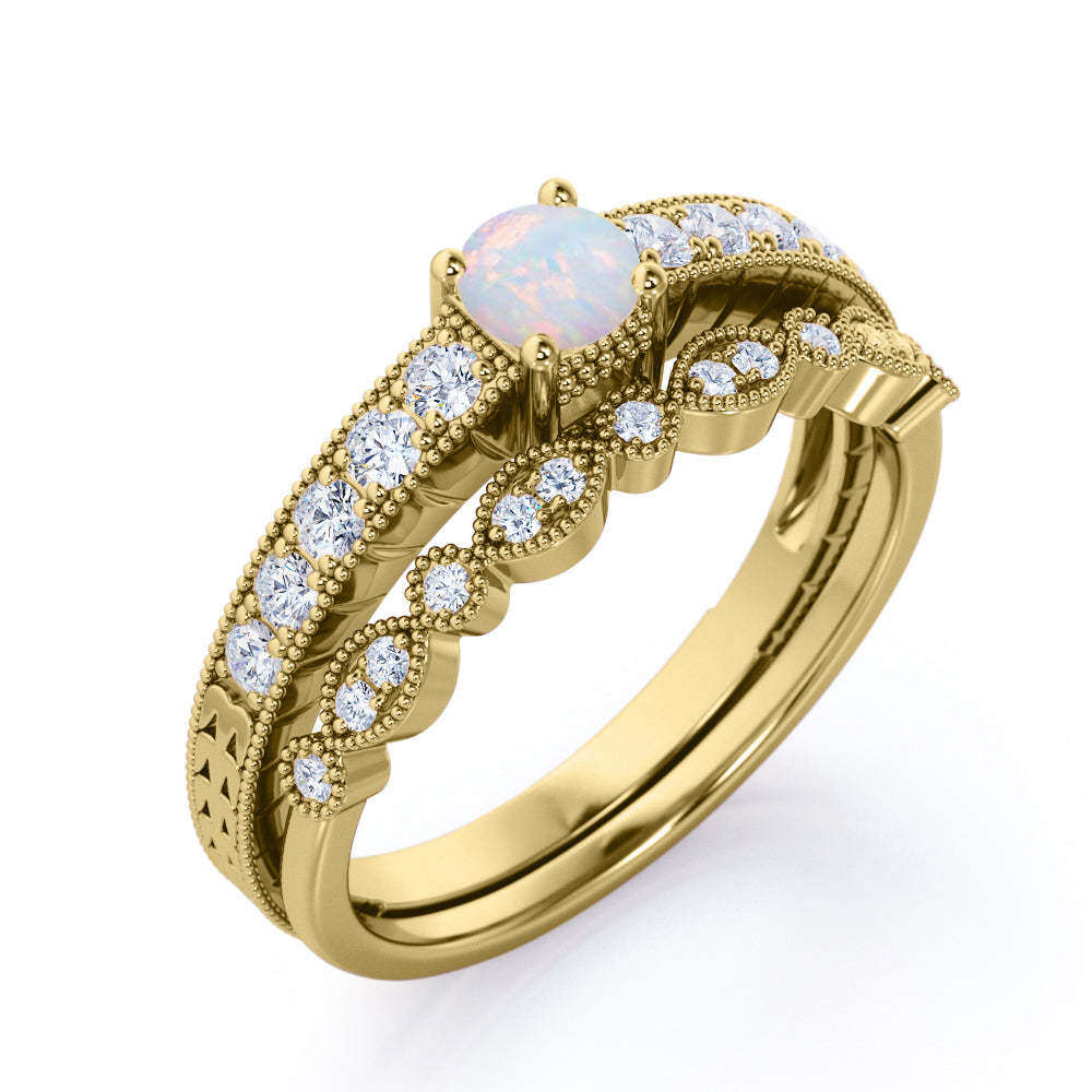 Sterling Silver with Rose Gold Plated Round Opal Personalized Engraving & Round Wedding Ring-1