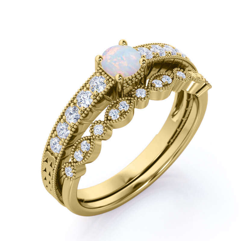 Sterling Silver with Rose Gold Plated Round Opal Personalized Engraving & Round Wedding Ring