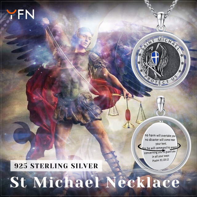 Sterling Silver Saint Michael Pendant Necklace with Engraved Word for Men-7