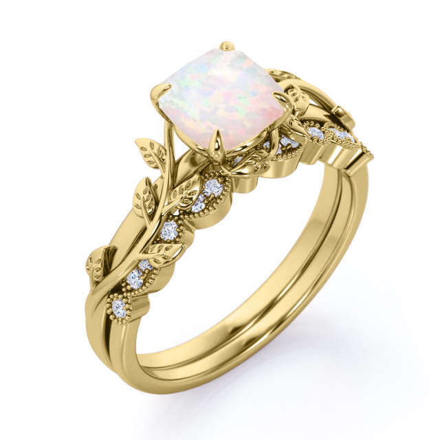 Sterling Silver with Rose Gold Plated Cushion Shape Opal Leaves Wedding Ring-0