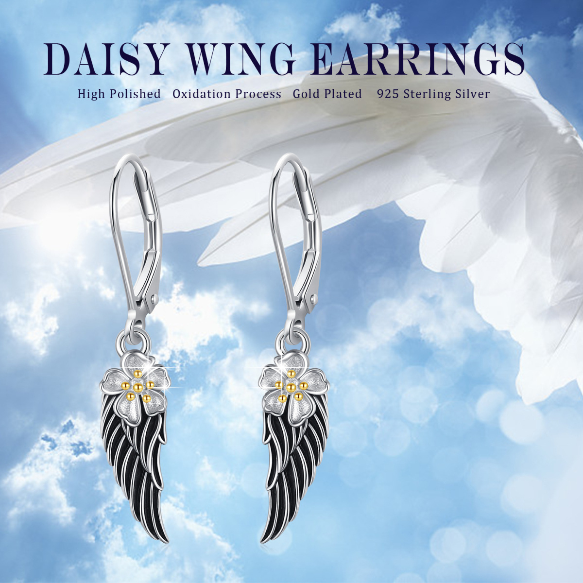 Sterling Silver Angel Wing Lever-back Earrings-4