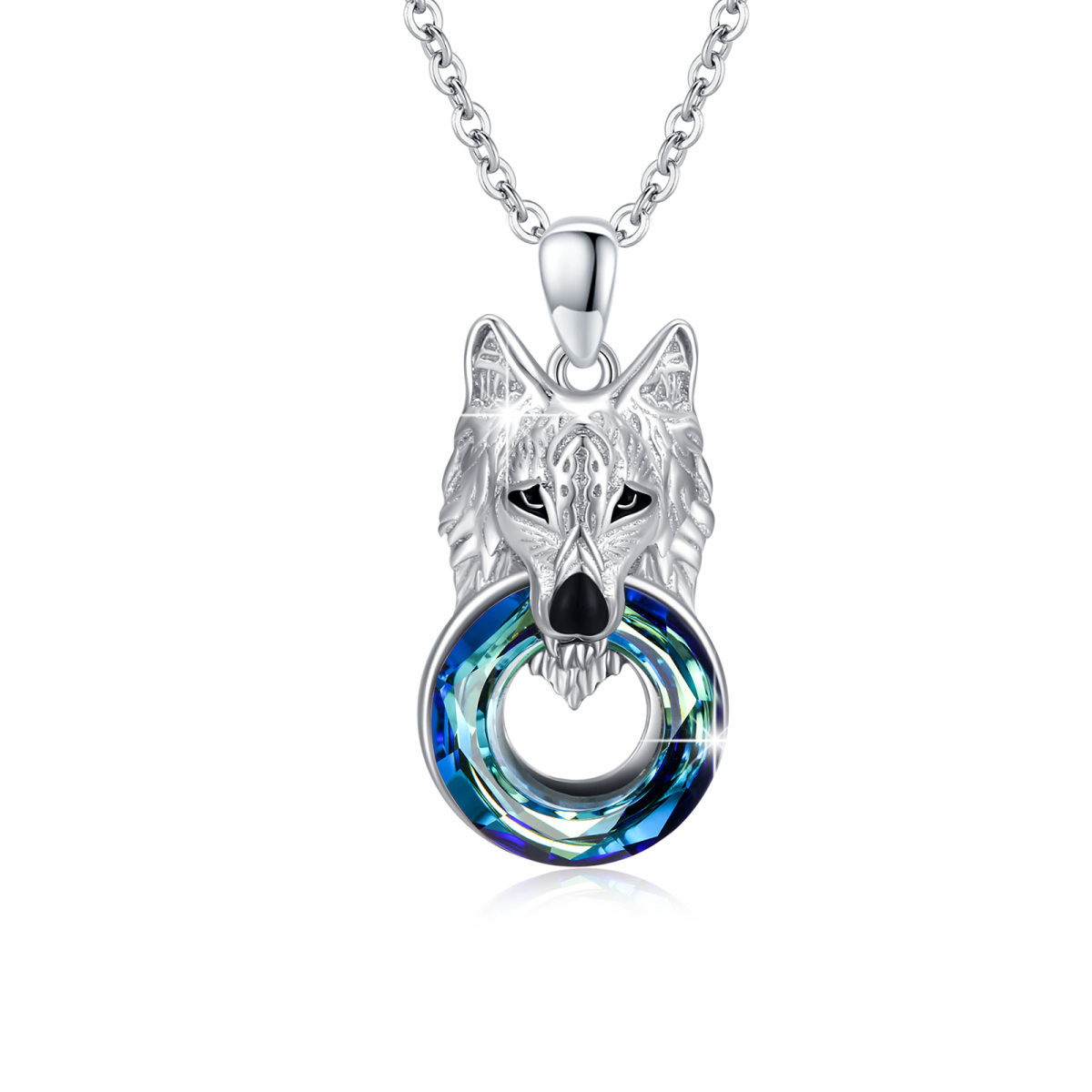 Sterling Silver Circular Shaped Wolf Crystal Pendant Necklace-1