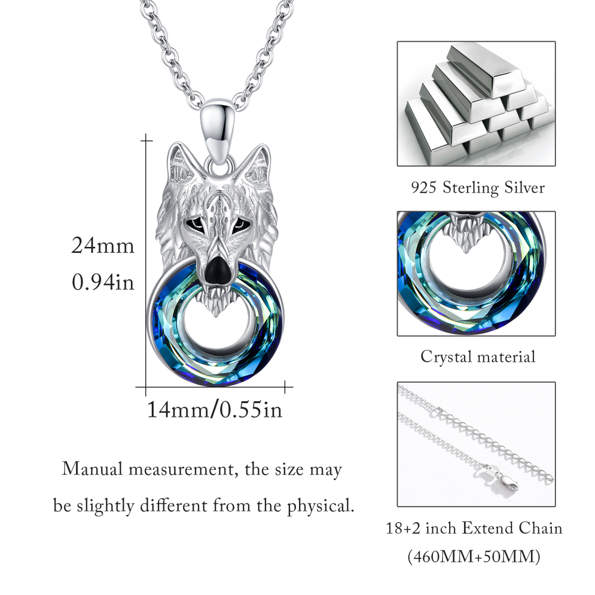 Sterling Silver Circular Shaped Wolf Crystal Pendant Necklace-7