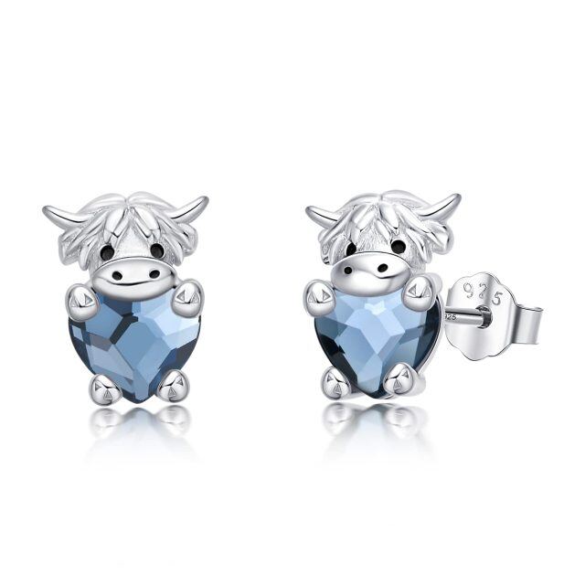 Sterling Silver Heart Shaped Crystal Highland Cow Stud Earrings-3