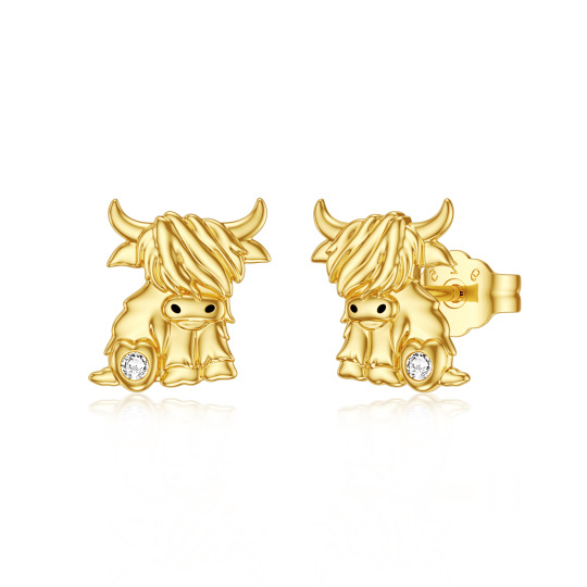 Pendientes de oro de 14 quilates con zirconia cúbica Highland Cow & Heart