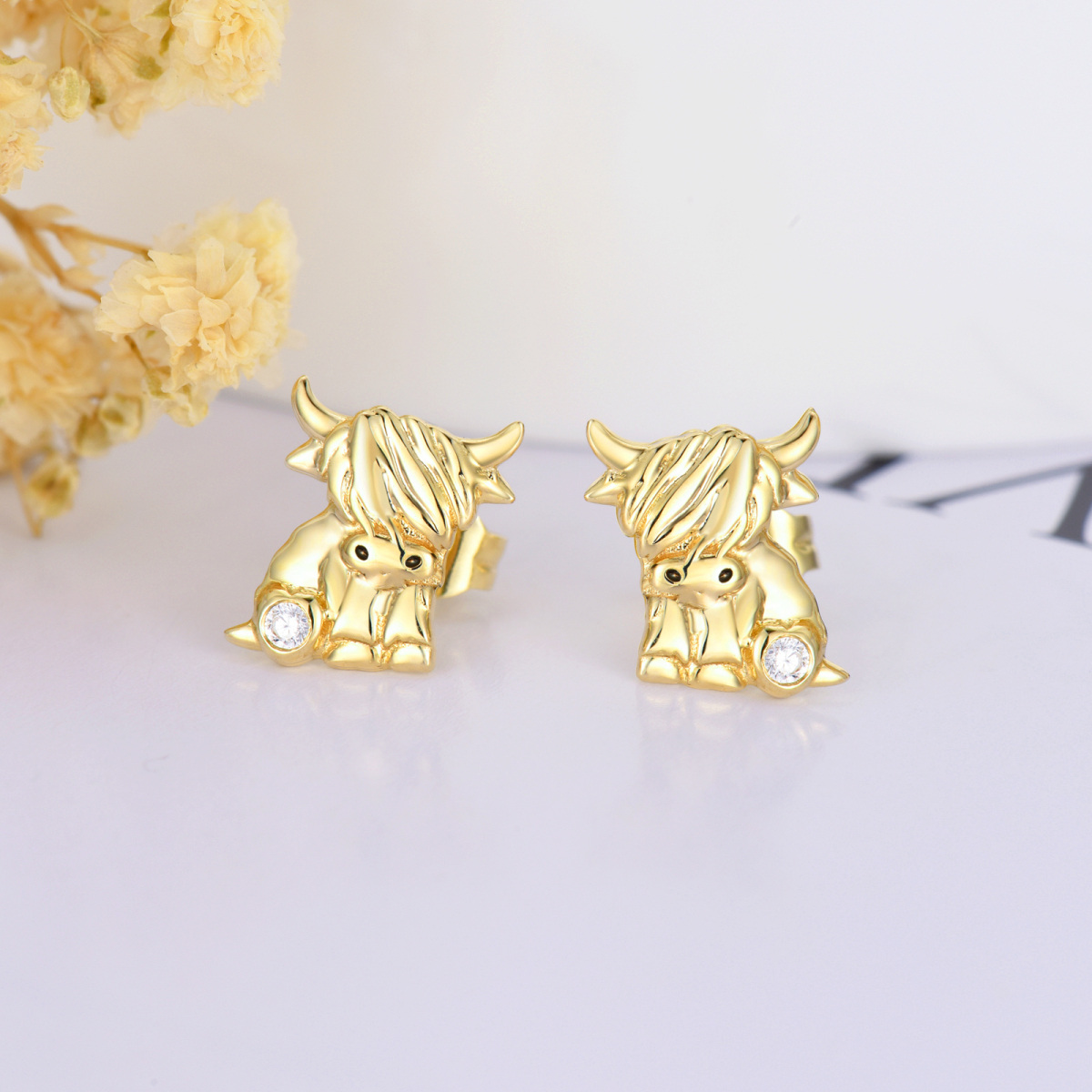 14K Gold Cubic Zirconia Highland Cow & Heart Stud Earrings-3