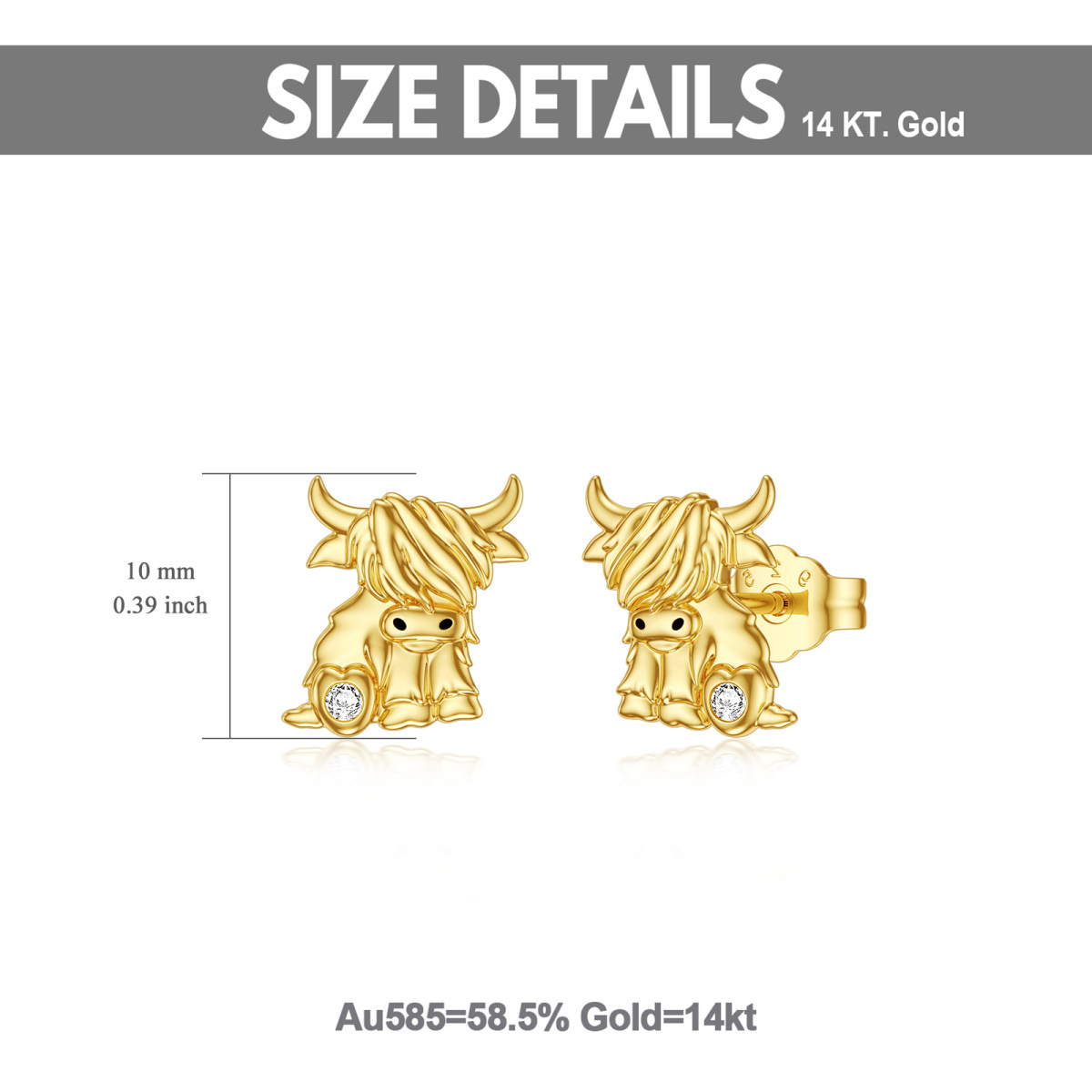 14K Gold Cubic Zirconia Highland Cow & Heart Stud Earrings-5