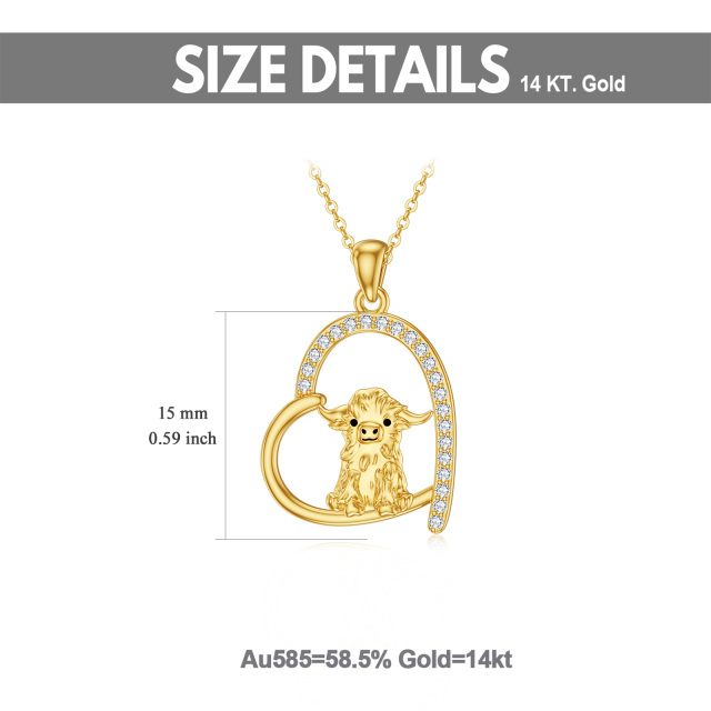 14K Gold Cubic Zirkonia Kuh & Herz Anhänger Halskette-4