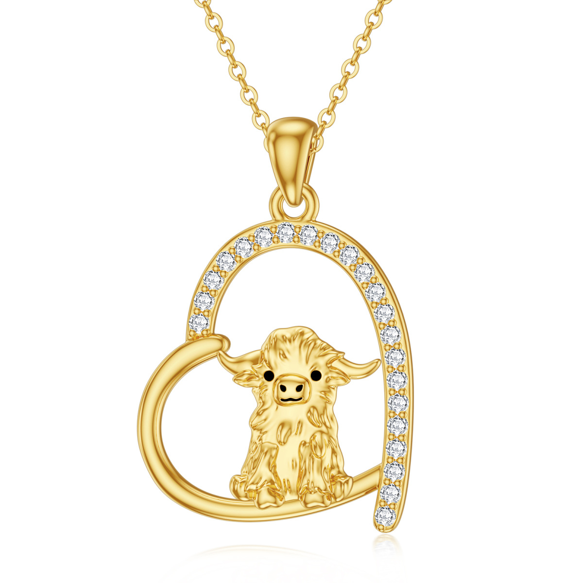 Collier en or 14K avec pendentif vache et coeur en zircon cubique-1