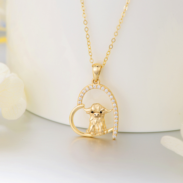 14K Gold Cubic Zirconia Cow & Heart Pendant Necklace-2