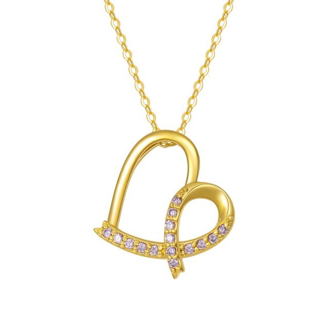 14K Gold Cubic Zirconia Heart & Ribbon Pendant Necklace-0