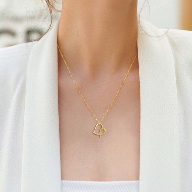 14K Gold Cubic Zirconia Heart & Ribbon Pendant Necklace-1