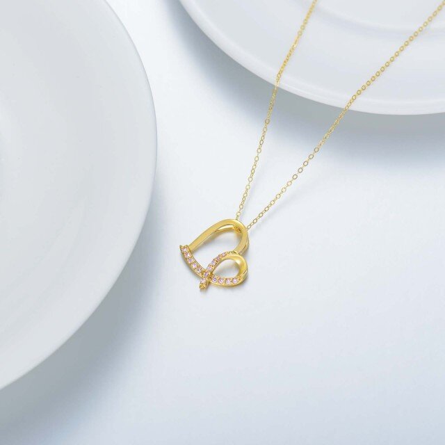 14K Gold Cubic Zirconia Heart & Ribbon Pendant Necklace-3