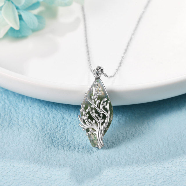 Sterling Silver Diamond Shaped Moss Agate Tree Of Life Pendant Necklace-2