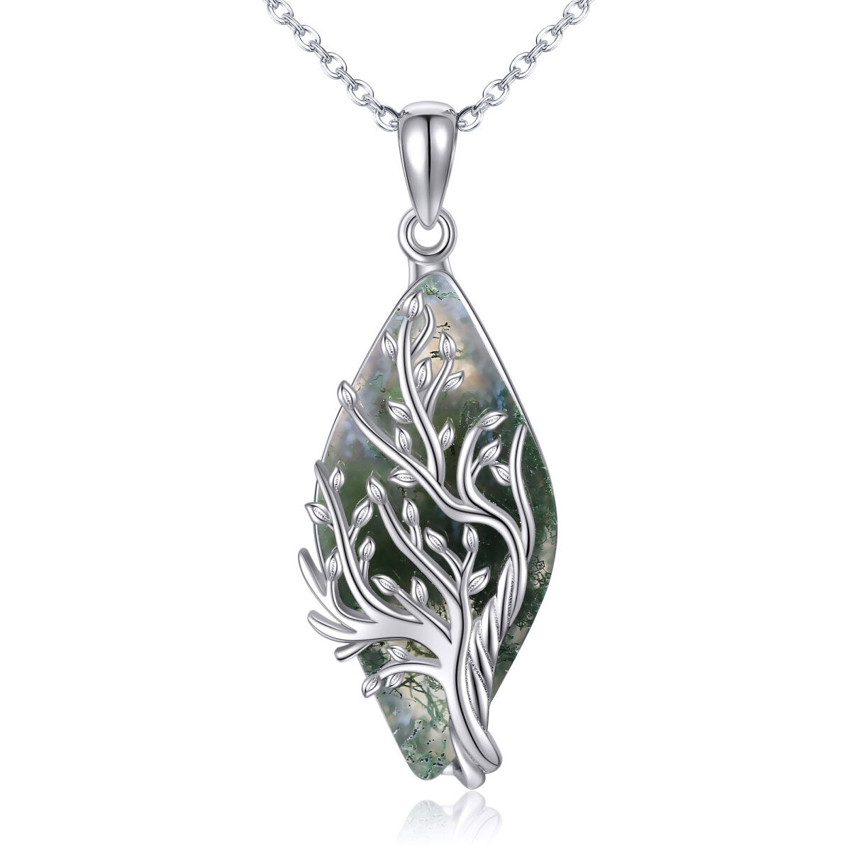 Sterling Silver Diamond Shaped Moss Agate Tree Of Life Pendant Necklace-1