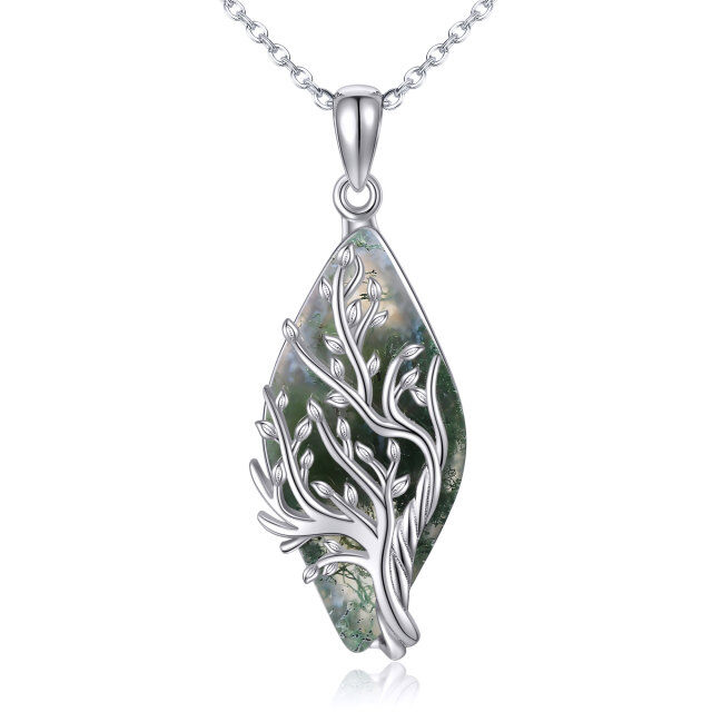 Sterling Silver Diamond Shaped Moss Agate Tree Of Life Pendant Necklace-0
