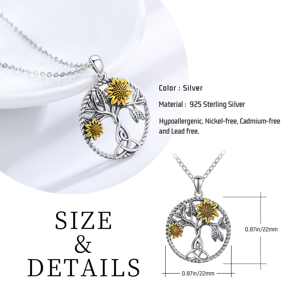 Collier en argent sterling avec pendentif tournesol et nœud celtique bicolore-7