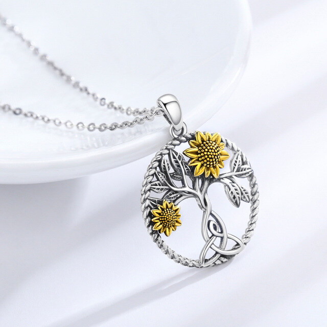 Sterling Silber zweifarbige Sonnenblume & Keltischer Knoten Anhänger Halskette-5