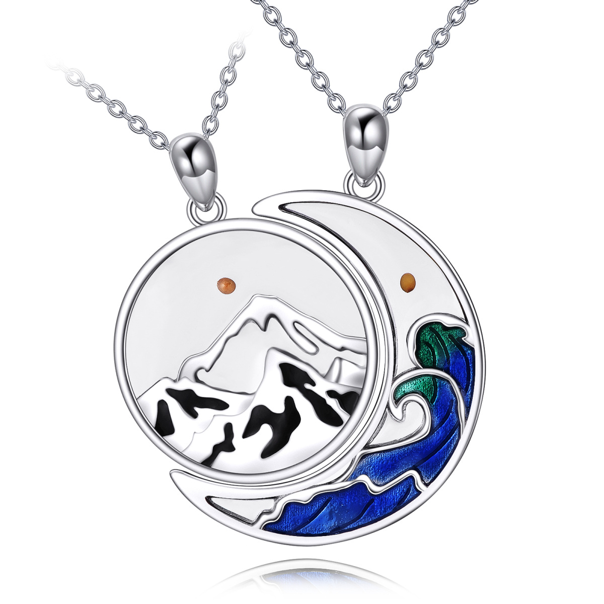 Sterling Silver Moon & Mountains & Spray Pendant Necklace-1
