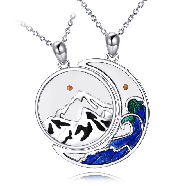Sterling Silver Moon & Mountains & Spray Pendant Necklace-0