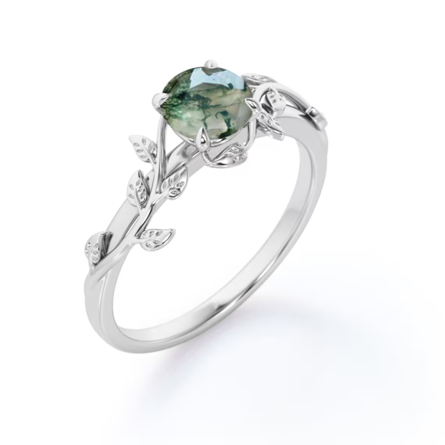 Pesonalized Moss Agate Ring Sterling Silver Green Promise Ring