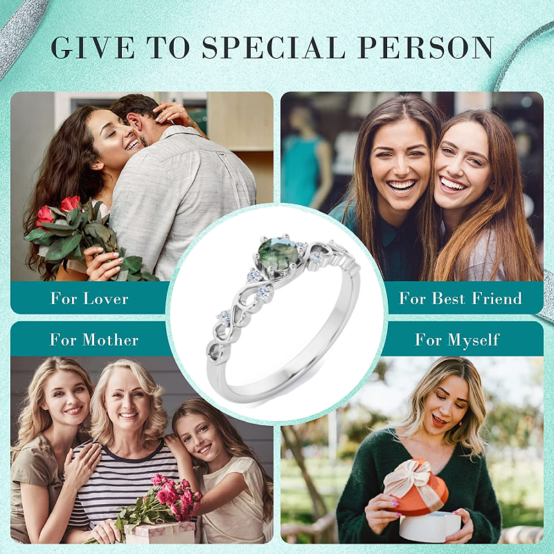 Sterling Silver Round Moss Agate Personalized Engraving & Couple Engagement Ring-6