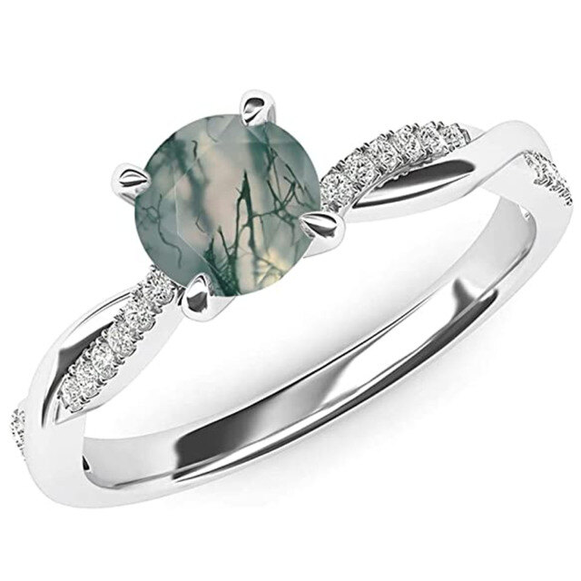 Sterling Silver Round Moss Agate Round Engagement Ring-0