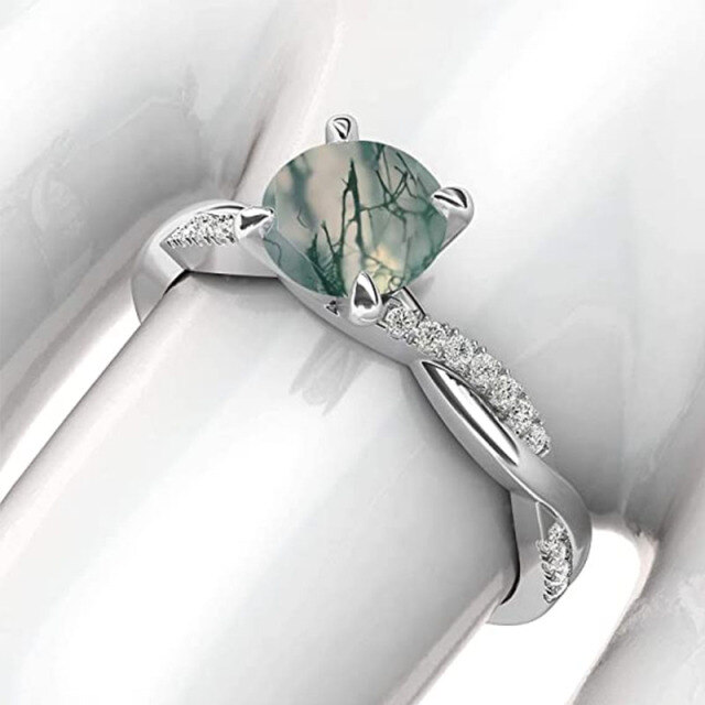 Sterling Silver Round Moss Agate Round Engagement Ring-1