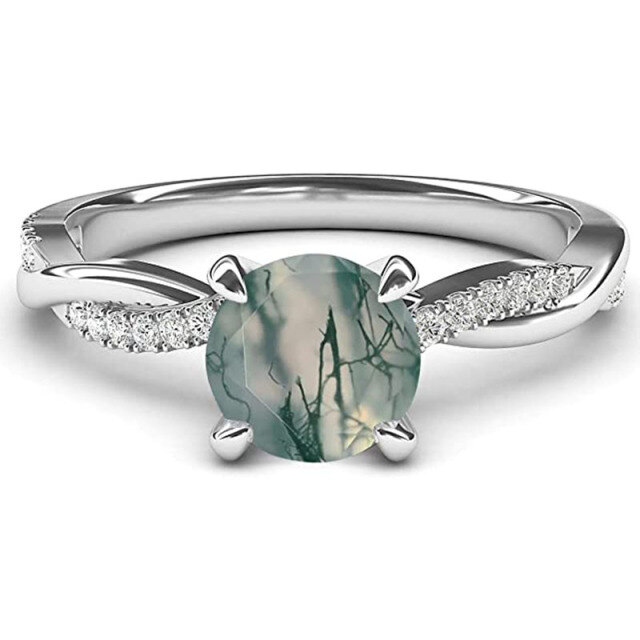 Sterling Silver Round Moss Agate Round Engagement Ring-3